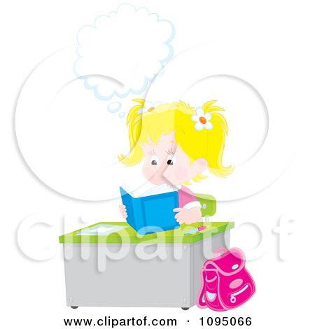 Clipart Blond School Girl Thinking And Reading A Book At Her Desk - Royalty Free Vector Illustration by Alex Bannykh
