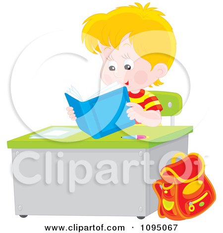 Clipart Blond School Boy Reading A Book At His Desk - Royalty Free Vector Illustration by Alex Bannykh