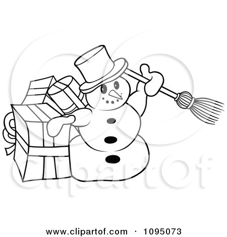 Clipart Outlined Snowman With A Broom And Gifts - Royalty Free Vector Illustration by dero