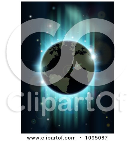 Clipart Earth Against Green And Blue Northern Lights During An Eclipse - Royalty Free Vector Illustration by AtStockIllustration