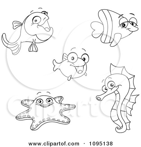 Clipart Outlined Fish Starfish And Seahorse - Royalty Free Vector Illustration by yayayoyo