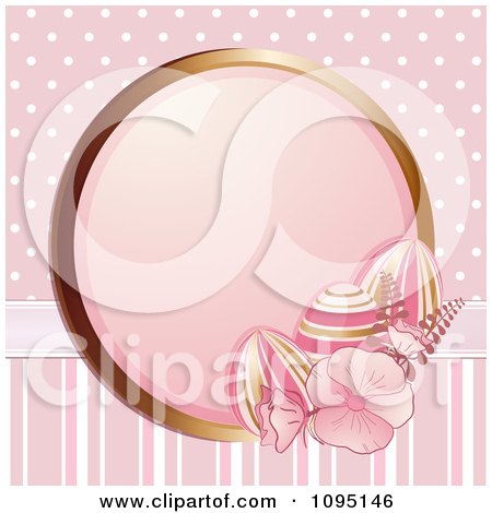 Clipart 3d Pink Striped Easter Eggs And Pansies With A Gold Frame Over Polka Dots And Stripes - Royalty Free Vector Illustration by elaineitalia