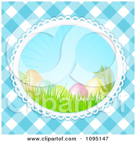 Clipart 3d Speckled Easter Eggs In Grass Under Sunshine Over Blue Gingham - Royalty Free Vector Illustration by elaineitalia