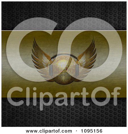 Clipart 3d Gold Winged Disco Ball With Headphones On Brushed Gold On Perforated Metal - Royalty Free CGI Illustration by elaineitalia