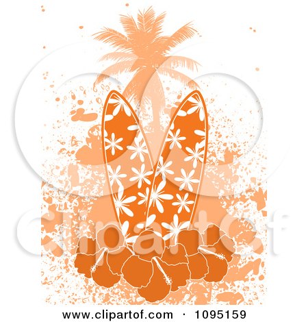 Clipart Orange Surfboards With Hibiscus Flowers A Palm Tree And Grunge - Royalty Free Vector Illustration by elaineitalia