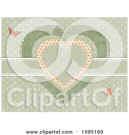 Clipart Vintage Hearts With Butterflies And Polka Dots On Green - Royalty Free Vector Illustration by elaineitalia