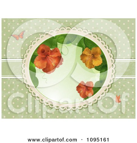 Clipart Hibiscus Flower Frame Over Polka Dots And Butterflies On Green - Royalty Free Vector Illustration by elaineitalia