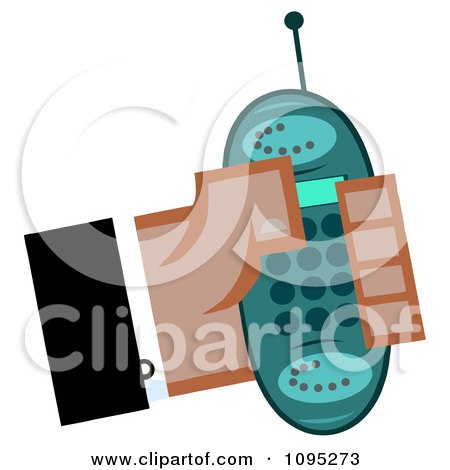 Clipart Black Hand Holding A Turquoise Cell Phone - Royalty Free Vector Illustration by Hit Toon