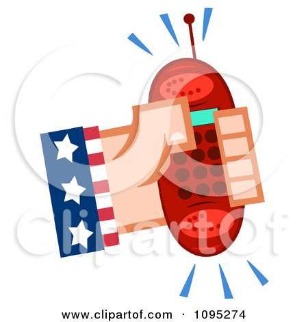 Clipart Caucasian American Hand Holding A Ringing Red Cell Phone - Royalty Free Vector Illustration by Hit Toon