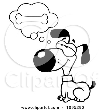 Clipart Black And White Dog Sitting And Daydreaming Of Bones - Royalty Free Vector Illustration by Hit Toon
