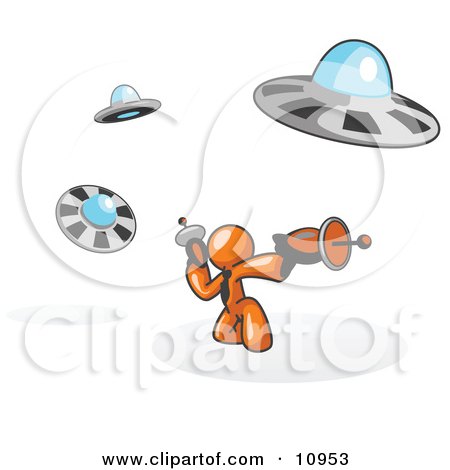 Orange Man Fighting Off UFO's With Weapons Clipart Illustration by Leo Blanchette