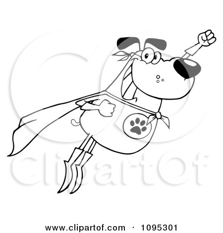 Clipart Outlined Flying Super Dog Flashing A Smile - Royalty Free Vector Illustration by Hit Toon