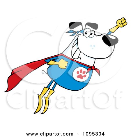 Clipart Flying White Super Dog Flashing A Smile - Royalty Free Vector Illustration by Hit Toon