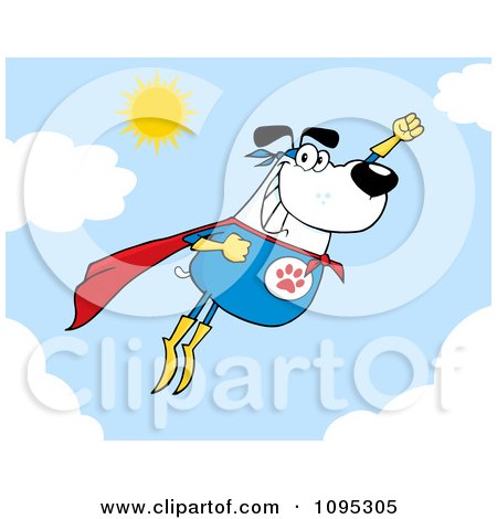 Clipart Flying White Super Dog Flashing A Smile In The Sky - Royalty Free Vector Illustration by Hit Toon
