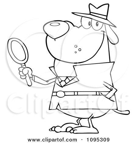 Clipart Outlined Smiling Detective Dog Holding A Magnifying Glass - Royalty Free Vector Illustration by Hit Toon