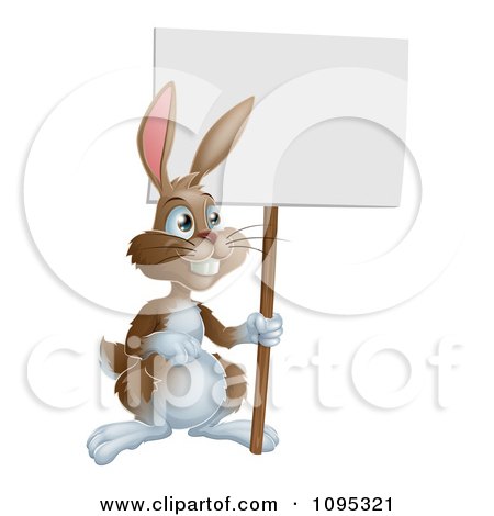 Clipart Smiling Brown Bunny Holding A Blank Easter Sign - Royalty Free Vector Illustration by AtStockIllustration