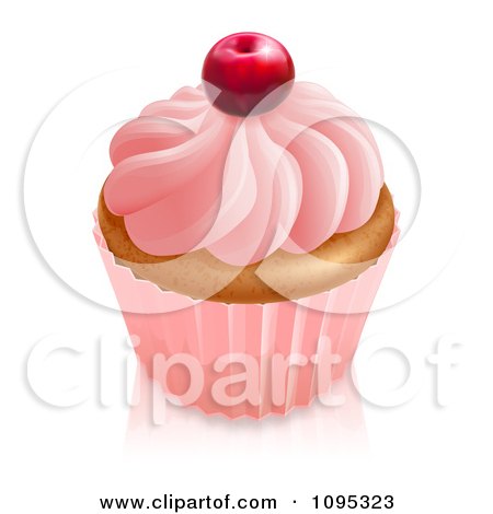 Clipart 3d Vanilla Cupcake With Pink Frosting And Wrapper Topped With A Cherry - Royalty Free Vector Illustration by AtStockIllustration