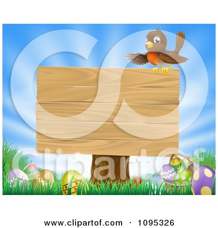 Clipart Robin Perched On A Blank Wood Sign Over Easter Eggs In Grass Over A Sunny Sky - Royalty Free Vector Illustration by AtStockIllustration