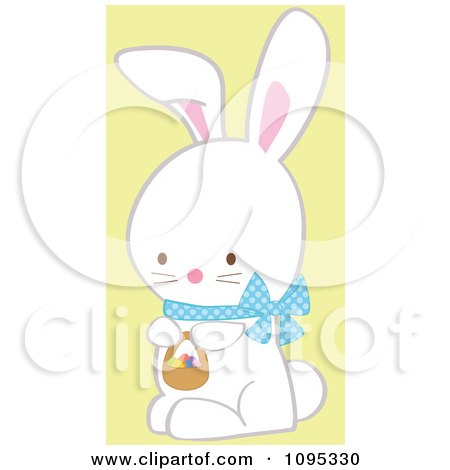 Clipart Cute White Easter Bunny With A Blue Bow And Basket Of Eggs - Royalty Free Vector Illustration by peachidesigns