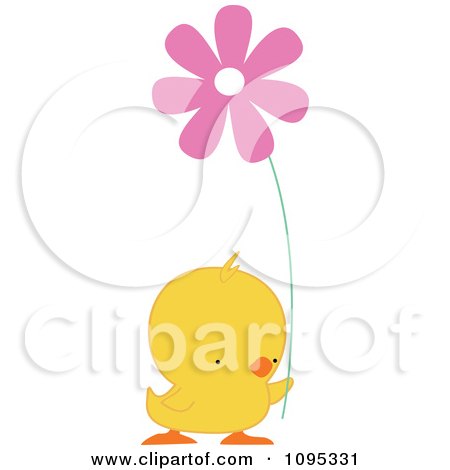 Clipart Yellow Easter Chick Holding A Pink Daisy Flower - Royalty Free Vector Illustration by peachidesigns