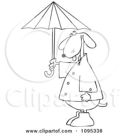 Clipart Outlined Dog Standing Upright In Rain Gear And Holding An Umbrella - Royalty Free Vector Illustration by djart
