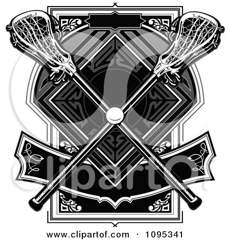 Clipart Black And White Lacrosse Sticks And Ball Over A Banner And Template - Royalty Free Vector Illustration by Chromaco