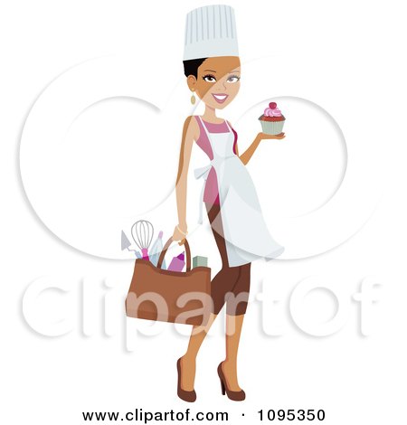 Clipart Beautiful Chef Woman Carrying A Cupcake And Bag Of Kitchen Utensils - Royalty Free Vector Illustration by Monica