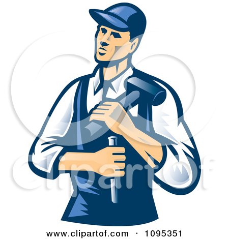 Clipart Retro Male Carpenter Holding A Chisel And Hammer - Royalty Free Vector Illustration by patrimonio