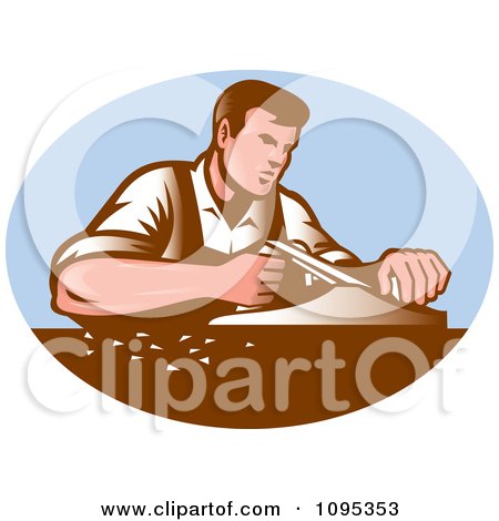 Clipart Retro Male Carpenter Working With Smooth Plane Over A Blue Oval - Royalty Free Vector Illustration by patrimonio