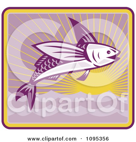 Clipart Retro Flying Fish And Sunset - Royalty Free Vector Illustration by patrimonio