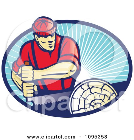 Clipart Retro Lumberjack Man Sawing A Log Over Blue Rays - Royalty Free Vector Illustration by patrimonio