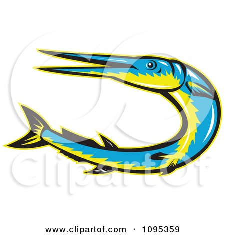 Clipart Retro Styled Blue And Yellow Needle Fish Jumping - Royalty Free Vector Illustration by patrimonio