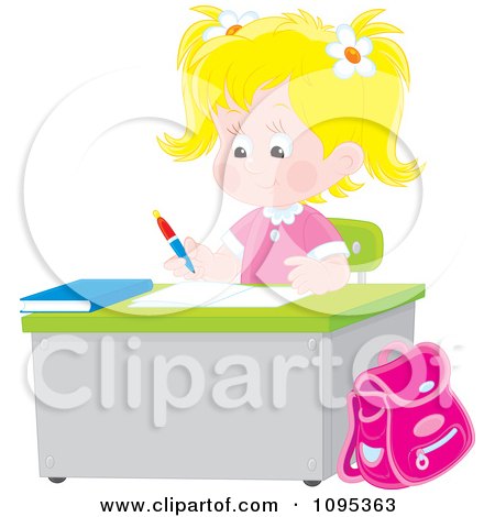 Clipart Blond School Girl Studying At A Desk - Royalty Free Vector Illustration by Alex Bannykh