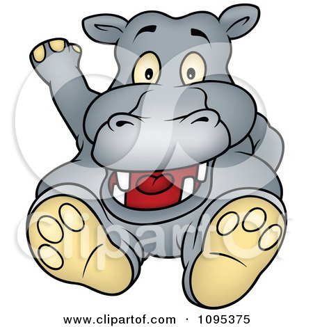 Clipart Happy Hippo Sitting And Waving - Royalty Free Vector Illustration by dero