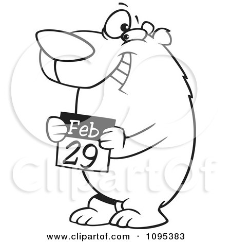 Clipart Black And White Outline Cartoon Leap Day Bear Holding A February 29th Calendar - Royalty Free Vector Illustration by toonaday