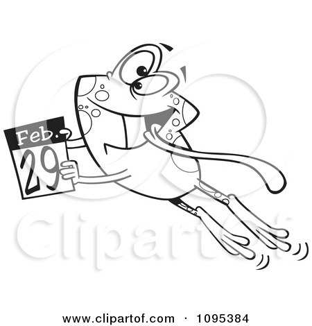 Clipart Black And White Outline Cartoon Leap Day Frog Jumping With A February 29th Calendar - Royalty Free Vector Illustration by toonaday
