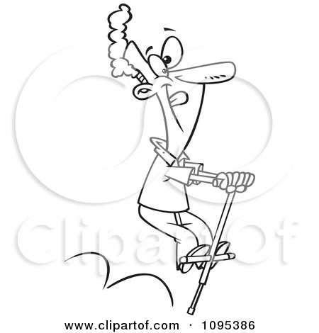 Clipart Black And White Outline Cartoon Man Hopping On A Pogo Stick On Leap Day - Royalty Free Vector Illustration by toonaday