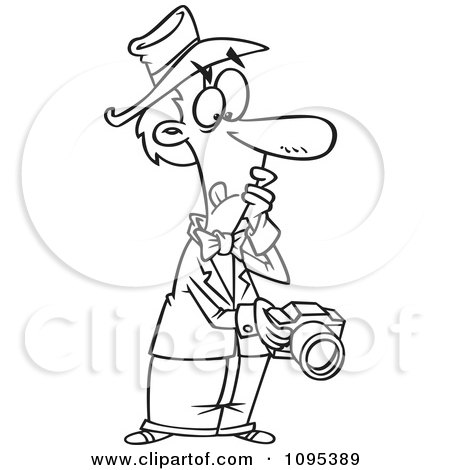 Clipart Black And White Outline Cartoon Photographer Chimping A Glance On His Camera Display  - Royalty Free Vector Illustration by toonaday