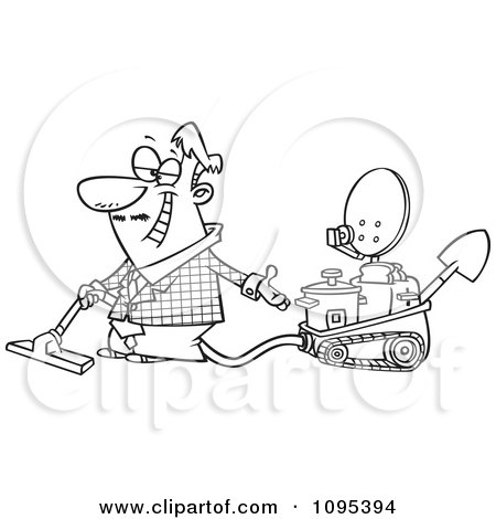 Clipart Black And White Outline Cartoon Male Inventor Introducing His Five In One Machine - Royalty Free Vector Illustration by toonaday
