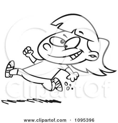 Clipart Black And White Outline Cartoon Little Girl Running - Royalty Free Vector Illustration by toonaday