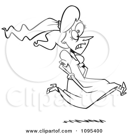 Clipart Black And White Outline Cartoon Runaway Or Late Bride - Royalty Free Vector Illustration by toonaday
