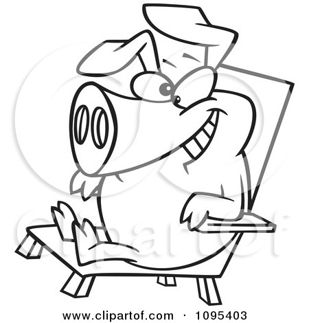 Clipart Black And White Outline Cartoon Hog Relaxing In A Chair On Pig Day - Royalty Free Vector Illustration by toonaday