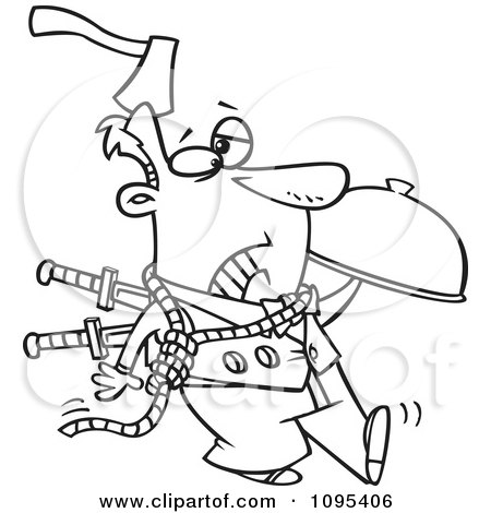 Clipart Black And White Outline Cartoon Murder Mystery Server Man With An Axe In His Head And Knives In His Back - Royalty Free Vector Illustration by toonaday