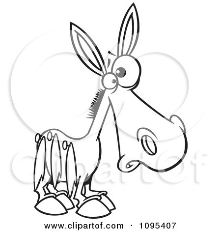 Clipart Black And White Outline Cartoon Donkey Pinned With Tails On His Side - Royalty Free Vector Illustration by toonaday