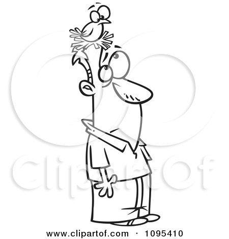 Clipart Black And White Outline Cartoon Man With A Bird Nesting On His Head - Royalty Free Vector Illustration by toonaday