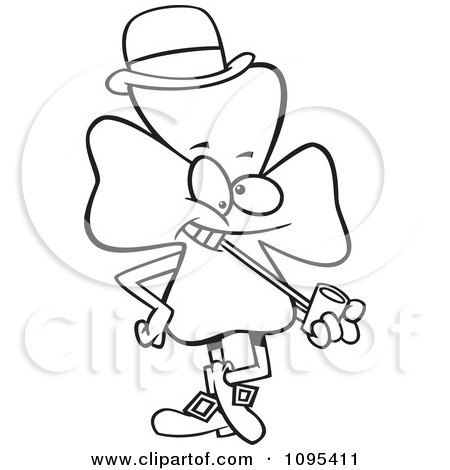Clipart Black And White Outline Cartoon St Patricks Day Shamrock Smoking A Pipe - Royalty Free Vector Illustration by toonaday