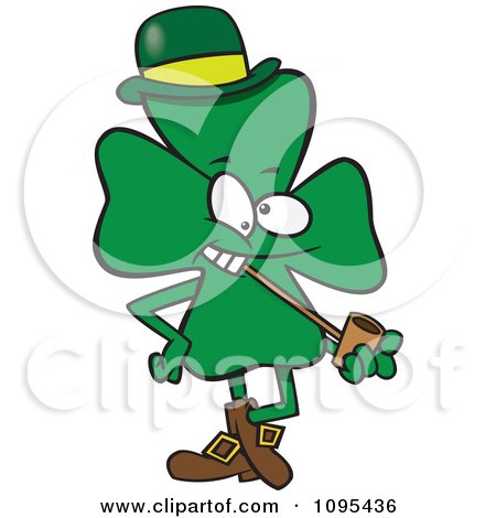 Clipart Cartoon St Patricks Day Shamrock Smoking A Pipe - Royalty Free Vector Illustration by toonaday