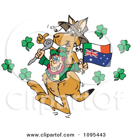 Clipart St Patricks Day Leprechaun In A Kangaroo Pouch With Flags And Shamrocks - Royalty Free Vector Illustration by Dennis Holmes Designs