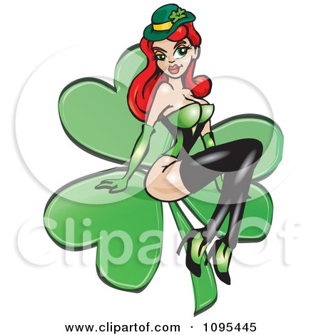 Clipart Sexy St Patricks Day Irish Redhead Pinup Woman On A Shamrock - Royalty Free Vector Illustration by Dennis Holmes Designs