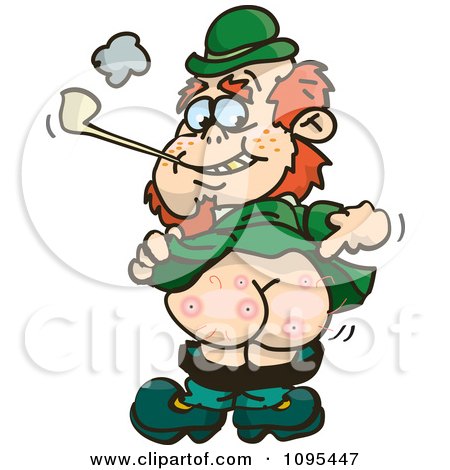 Clipart St Patricks Day Leprechaun Smoking A Pipe Bending Over And Pointing To His Butt - Royalty Free Vector Illustration by Dennis Holmes Designs